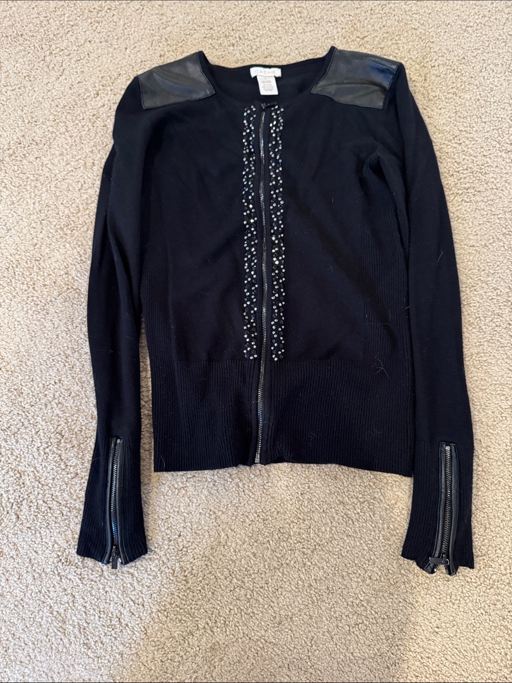 Cache Black Embellished Zip Cardigan with Leather Shoulder Detail